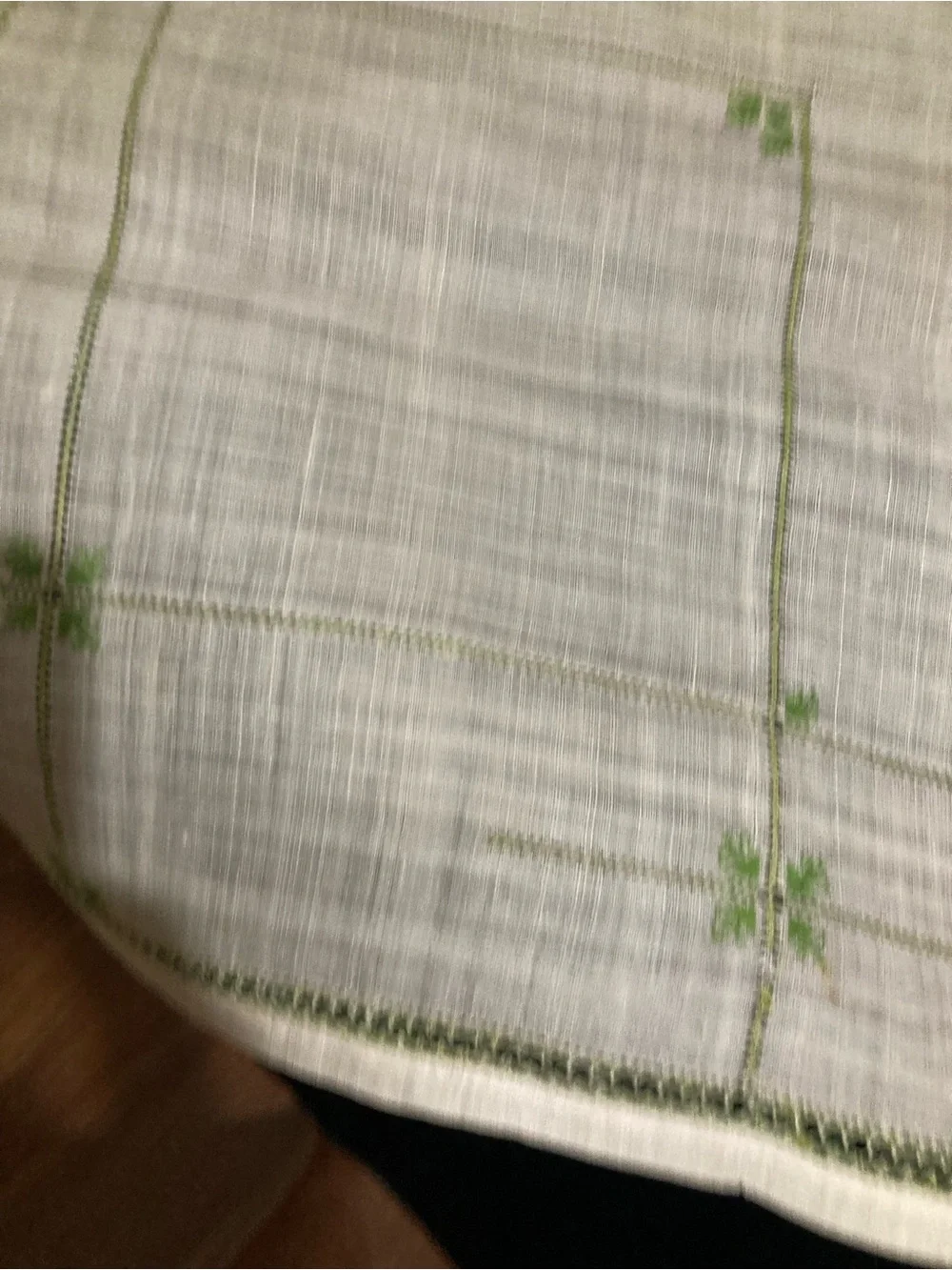 Vintage Embroidered Sheer  White Linen Tablecloth with Green Accents 33” square